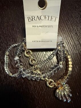 Anthropologie Clear Beaded Bracelet Set with Gold Charm 14k Gold Plated